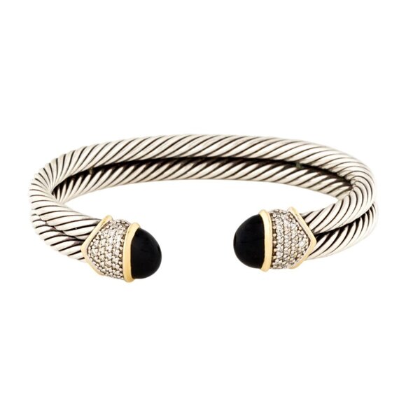 DAVID YURMAN STERLING SILVER & 18K YG ONYX & DIAMOND CAPRI CUFF BRACELET - Picture 1 of 10